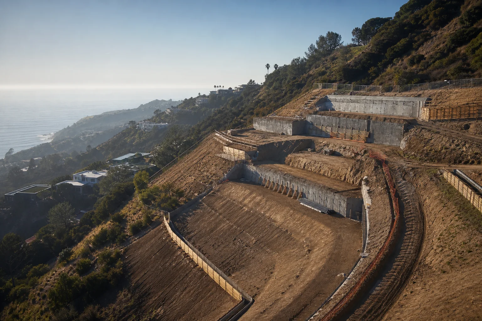 Terraced hillside construction site near the coast